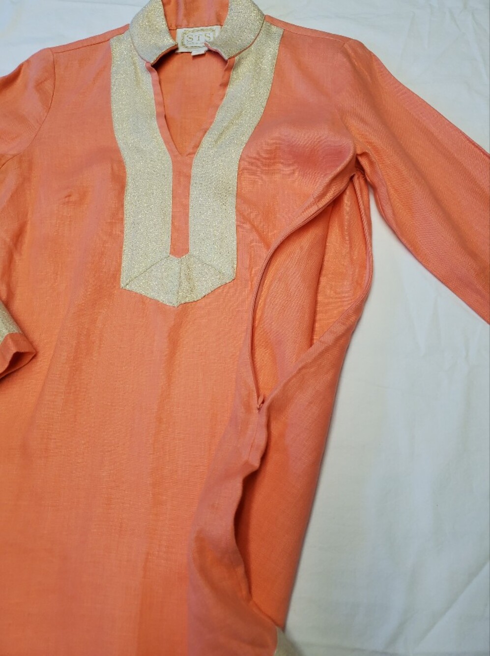 Sail to Sable Linen Tunic Dress XXS Coral Gold Metallic Trim Long Sleeve Mini - Picture 7 of 9